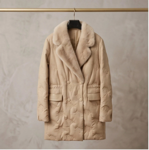 Manteau d'hiver pour <span class=keywords><strong>femme</strong></span> en mélange de laine de chameau et duvet de canard blanc, avec col en fourrure de vison véritable amovible, double boutonnage, poches en cuir - Product Image 2