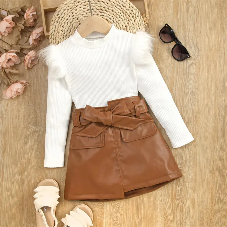 Autumn Fashion Girls Clothing Sets Winter Kid Knitted Top with Leather Skirt Two Piece Set Baby Clothes Girl for 1-6 Years