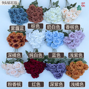 ดอกกุหลาบเพชรเก้าหัว ขนาด 48 ซม. ดอกไม้ผ้าไหมสำหรับตกแต่งงานแต่งงาน สีส้ม - Product Image 4