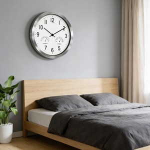 Reloj de pared pequeño de 10 pulgadas con marco de aluminio y bisel metálico blanco, con termómetro y higrómetro, para clínica pediátrica o sala pediátrica. - Product Image 2