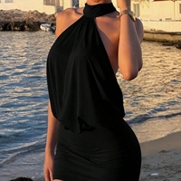 Robe noire élégante pour femme, sexy, dos nu, à fines bretelles, froncée en mousseline, pour soirée, club, vacances, sortie nocturne, rendez-vous galant estival