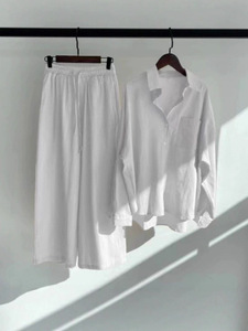 Completo due pezzi da <span class=keywords><strong>donna</strong></span> vintage taglie forti in cotone e <span class=keywords><strong>lino</strong></span>, tinta unita, con bottoni, lunghezza sopra il ginocchio, composto da camicia e <span class=keywords><strong>pantaloni</strong></span> a vita alta larghi 171 - Product Image 3