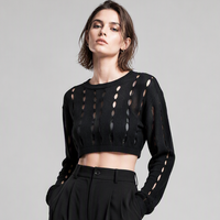 Pull court en maille noire ajouré pour femme, manches longues, col rond, style gothique vieilli, streetwear, collection automne
