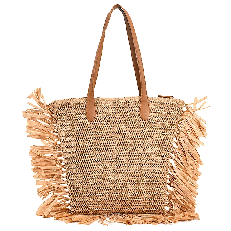 New Design Popular Fringe Summer Woven Straw Bags Beach Shoulder Tote Bag Bohemian Fringe Tassel Straw Handbags