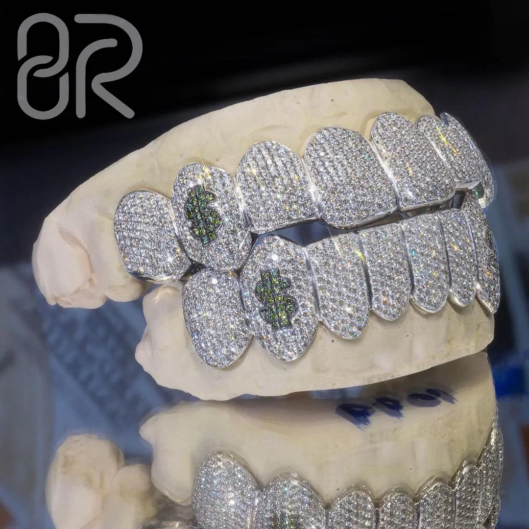 Aangepaste Rijke Ijs Uit Moissanite Grillz Open Gezicht Rond Briljant Gesneden 925 Sterling Zilveren Hiphop Sieraden Honingraat Grilliz