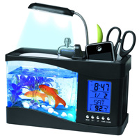 Aquarium de bureau USB multifonction JSD, mini aquarium avec lampe LED, horloge numérique et porte-stylo pour la maison et le bureau