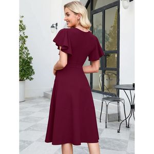FOXA Robe de cocktail pour femme, col en V, manches à volants, ligne A, robe mi-longue asymétrique pour invitées de mariage, fête d'été - Product Image 6