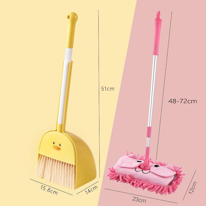 Yellow broom dustpan and pink  mop
