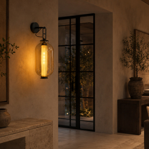 Industrial Style Amber Glass <b>Wall</b> Lamp Black Iron Frame LED <b>Wall</b> <b>Sconce</b> For Hotel Cafe Bedroom Ambient <b>Lighting</b> - Product Image 1
