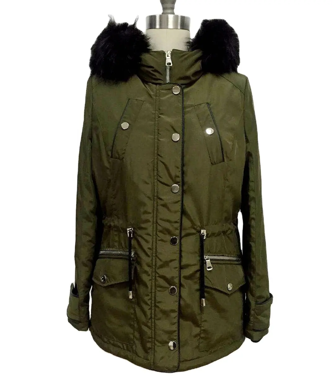 Best High Quality Womens Parka Padded Dark Green Parka Coat Supply Slim Coats With Fur Hood