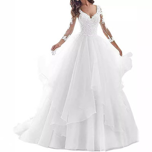 Wedding Dress Ball Gown V-Neck Long Sleeve Backless Princess Waist <b>Floor</b> Length Trail Style For Women - Product Image 3