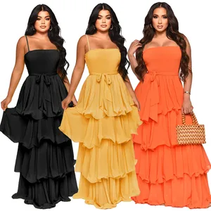 fashion casual puff cake bubble boob tube top chiffon straight sleeveless long maxi dress women elegant chiffon style with belt