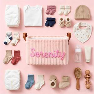 Personalised Baby Shower <b>Basket</b> Newborn Custom Name Corduroy Caddy <b>Nursery</b> Closet Folding <b>Laundry</b> Organizer Gift Applique 12x8x5 - Product Image 6