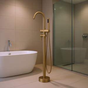 Robinet de baignoire sur pied en or brossé avec douchette, design moderne, hauteur 37,6 pouces, mitigeur à poignée unique, valve en céramique, pour salle de bain - Product Image 2