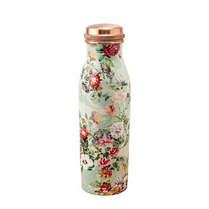 Bouteille d'eau en cuivre à motif floral avec couvercle rose doré, gourde de voyage portable - Product Image 1