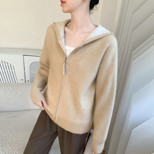 Cardigan con Cappuccio e Zip per Autunno e Inverno, Maglione Imbottito in Cashmere Tinta Unita per Donna - Product Image 4