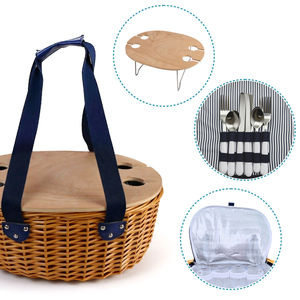 Ensemble de panier de pique-nique en osier vintage pliable de grande capacité, 4 glacières isothermes, table pliante, écologique, ovale - Product Image 1