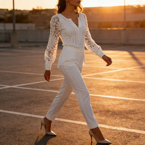 <b>Women's</b> Elegant White Lace Sleeve Casual Office <b>Top</b> Bigsize Short <b>V</b>-<b>Neck</b> Mid-Length Button T-Shirts Sweet Breathable Lightweight - Product Image 3