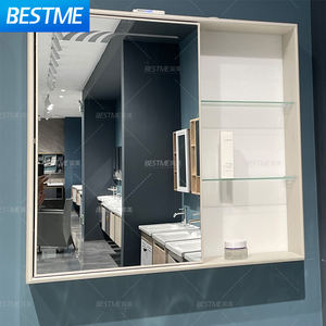 Meuble de toilette crème : armoire en acier inoxydable + armoire à miroir en nid d'abeille en aluminium |   Lavabo en céramique, double porte entièrement en acier inoxydable, armoire à miroir à porte simple - Product Image 3