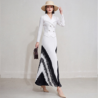 Robe plissée sans plis pour femme, avec dentelle, boutons et strass, col rabattu, tenue de bureau, style coréen