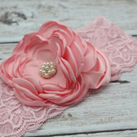 Serre-tête en dentelle extensible vintage avec fleur en satin et perles, accessoires pour cheveux, bandeaux en dentelle pour femmes et filles