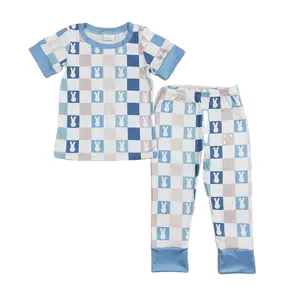 wholesale kids hot sale kids baby boys clothes children's clothing Rabbit plaid blue and white short-sleeved trousers pajama set