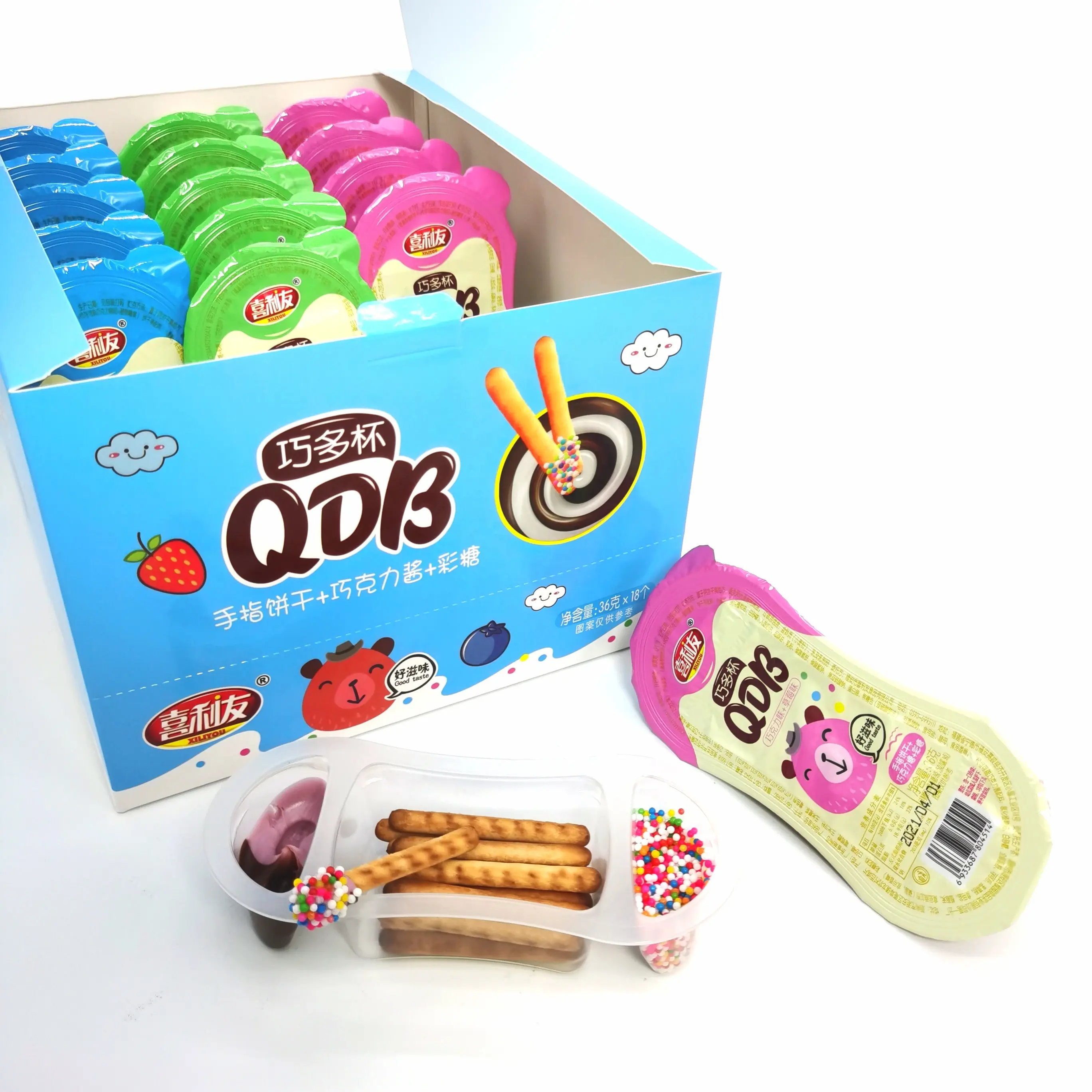 Neues Produkt 3 in 1 Tasse Schokoladen creme mit Stick keks und mehrfarbiger Mini-Bonbon bohne