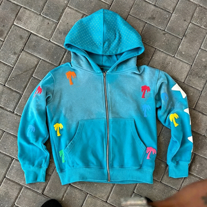 OEM Custom High Quality Distressed Boxy Rhinestone 500 Gsm Heavyweight Oversized Acid Wash <b>Zip</b> 3D Puff Printing Men's <b>Hooded</b> - Product Image 3
