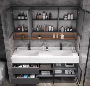 Mobile <span class=keywords><strong>Bagno</strong></span> Moderno Semplice con Doppio Lavabo, Specchio LED, Top in Ceramica Effetto Marmo Resistente all'Acqua - Product Image 6