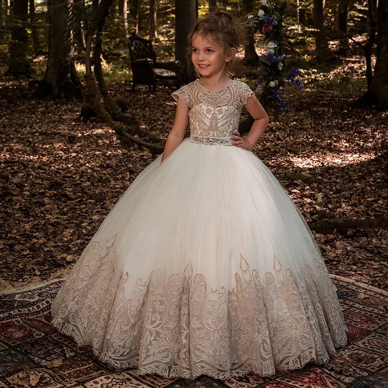 Top Sale Hollow-carved Design Flower Girl Wedding Party Dresses Love Roses Evening Prom Gown Long Frock Toddler Kids Clothing