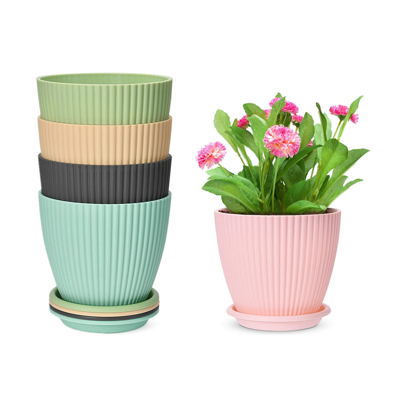 6 Inch Plastic Planters with Saucers Set of 5 Indoor Modern Decorative Gardening Pot Flower Plant Pots