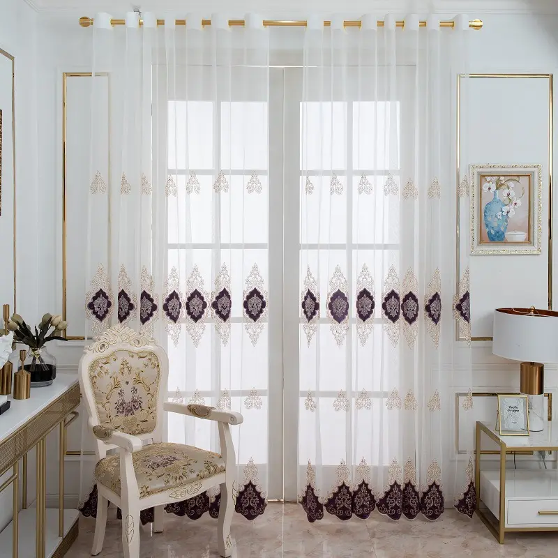 Panneaux de rideaux en voile fournis en usine prêts à l'emploi rideaux transparents brodés de couleur grise