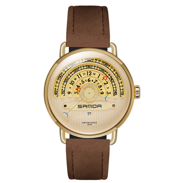 Fashion 3 ATM Waterproof Alloy Case Gueniue Leather Strap Big Turntable Dial Design Quartz Watch