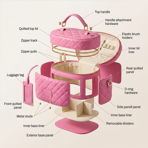 Sac de toilette en cuir matelassé LZ Factory, trousse de maquillage, pochette de voyage cosmétique, organiseur pour femmes, étiquette de bagage détachable, boîte rose - Product Image 4