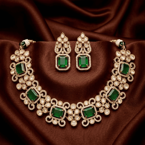Glamorous Silver Plated Green Emerald Square Stone Choker Necklace Set With Matching Stud Earrings Set For Modern Bridal Wear - Product Image 1