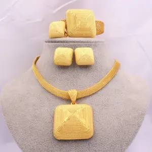 Qushine Dubai 24K Gold Jewelry Sets African Bridal Wedding Gifts Necklace Square Earrings Ring Bracelet Jewellery Set