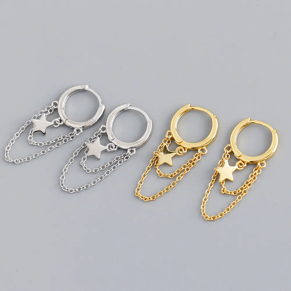 New Fashion S925 Sterling Silver Chain Tassel Star Charm Hoop Earrings For Women EH1383