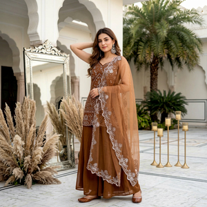 Ensemble Salwar Kameez Sharara en Georgette Marron avec Dupatta en Organza Brodé – Tenue Traditionnelle pour Femme, Idéal pour Fêtes et Mariages - Product Image 1