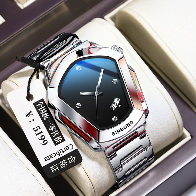 BINBOND Men's Luxury Quartz Watch Sleek Steel Strap Futuristic Fashion Waterproof Simple Style Timepiece Gift Watch