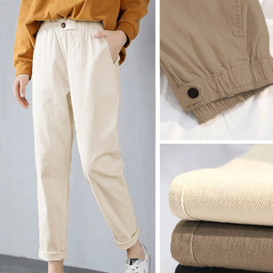 Khaki High Waisted Casual Pants Women Cotton Canvas Elastic Waist Slim Fit Cropped Style JN-8618 - Product Image 2