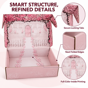 Caja de correo corrugada impresa por dentro y por fuera, personalizada, con diseño floral de rosas rosadas, impresión a todo color, plegable, de fábrica propia. - Product Image 3
