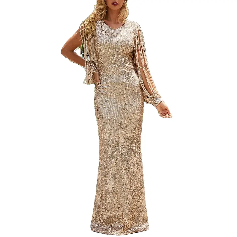 Robe de soirée longue de luxe à paillettes et à franges pour femme Robe longue de soirée à franges et à paillettes