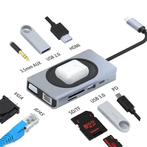 USB C концентратор Type-C 3,5 мм AUX tf/sd карта VGA RJ45 адаптер с 4K HD Ethernet USB 3,0 порты концентратор адаптер беспроводного зарядного устройства