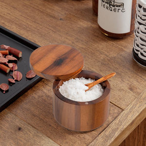 Contenitore per sale in legno di Acacia con cucchiaio incorporato 6 once con coperchio girevole magnetico contenitore per <span class=keywords><strong>spezie</strong></span> da cucina - Product Image 6