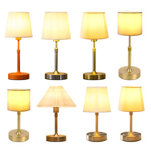 Lampu Meja Modern Emas Kuningan Baterai Isi Ulang Restoran LED Tanpa Kabel Kap Lampu Kain E27 Lampu LED Gaya Pedesaan - Product Image 1