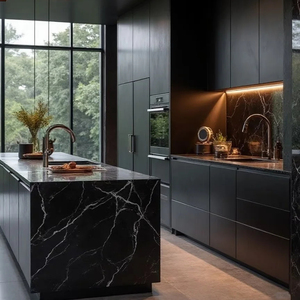 JINGSHUN European Eco-Friendly Modern <strong>Black</strong> Wooden Kitchen Cabinets Artificial Marble Countertops Island Complete Set RTA - Product Image 1