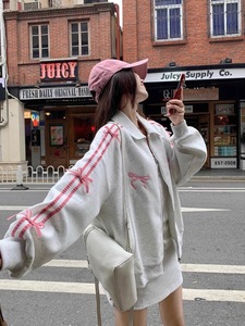 Felpa da Donna <span class=keywords><strong>MOJO</strong></span> Primavera-Autunno con Zip, Maniche Regolari Oversize, Colletto con Fiocco e Bottoni - Product Image 1