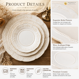 <span class=keywords><strong>Assiette</strong></span> en porcelaine haute température RAYLON, design personnalisé, luxe moderne, style ferme, bord perlé blanc, embossée, surglacée - Product Image 4