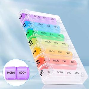 Boîte à pilules hebdomadaire 7 jours 14 compartiments à bouton-poussoir, colorée arc-en-ciel, qualité alimentaire Athmedic 2024, organisateur de médicaments, logo personnalisé - Product Image 2