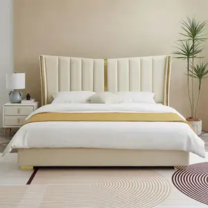 इतालवी न्यूनतम शैली का चमड़े का बिस्तर, बेडरूम का हल्का लक्जरी आधुनिक पहली परत वाला काउहाइड ठोस लकड़ी का साधारण डबल 1.8 मीटर चमड़े का बिस्तर